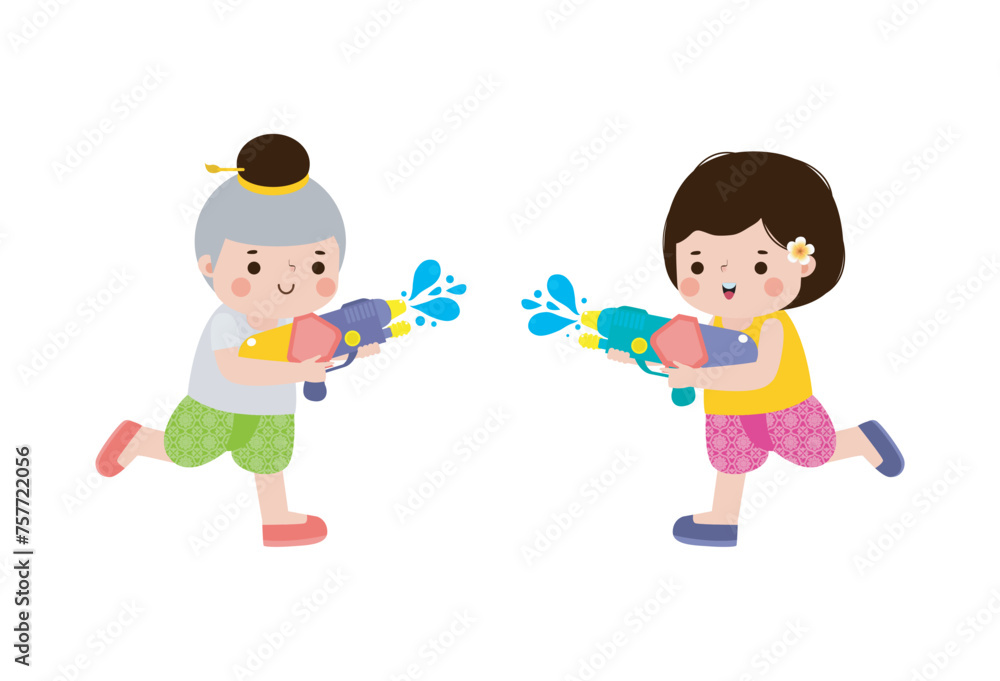 Songkran festival kids thai Traditional enjoy splashing water Thailand New Year Day Vector Illustration template Thailand concept on white background Songkran festival kids thai Traditional enjoy splashing water Thailand New Year Day Vector Illustration template Thailand concept on white background