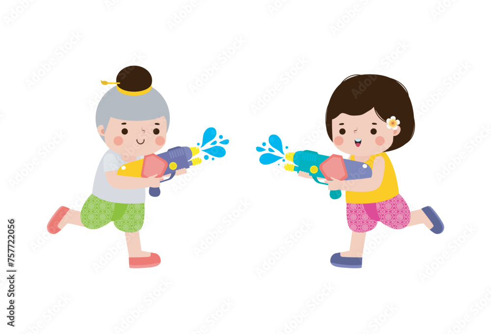 Songkran festival kids thai Traditional enjoy splashing water Thailand New Year Day Vector Illustration template Thailand concept on white background