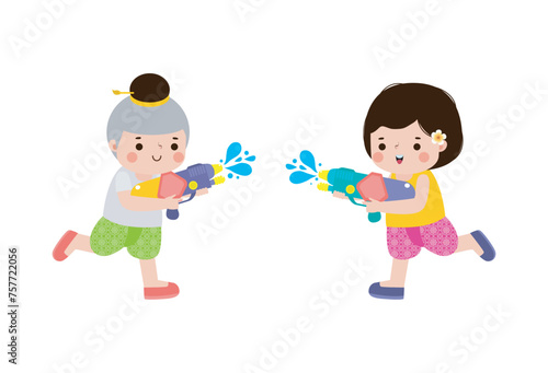 Songkran festival kids thai Traditional enjoy splashing water Thailand New Year Day Vector Illustration template Thailand concept on white background