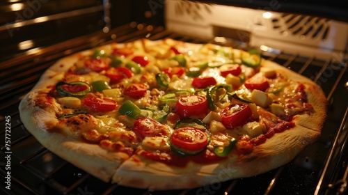 Tasty homemade pizza cooking in an oven at home.