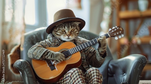 A little cat wearing a hat playing guitar on a chair, wearing a fashionable jacket and pants, holding a guitar, with a cute expression, l photo