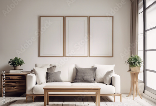 Set Against a Blank Wall Featuring Poster Frames for Personalized Decor, Square coffee table near white sofa and rustic cabinets against white wall with blank poster frames. Scandinavian interior