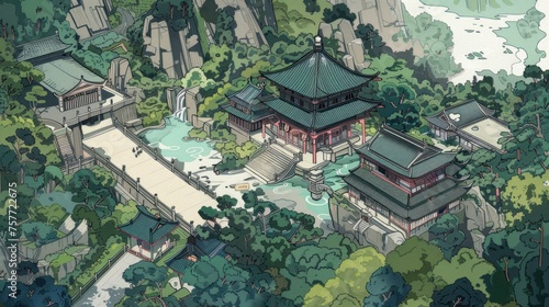 a painting of a Asian countryside, in the style of art nouveau-inspired illustrations, panorama, detailed character design, light gray 