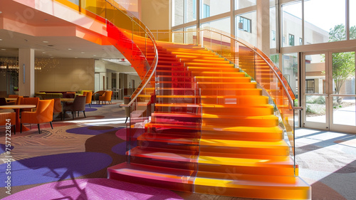 Designing a staircase in a gradient of sunset hues, from warm oranges to deep purples, to create a breathtaking focal point in the lobby. photo