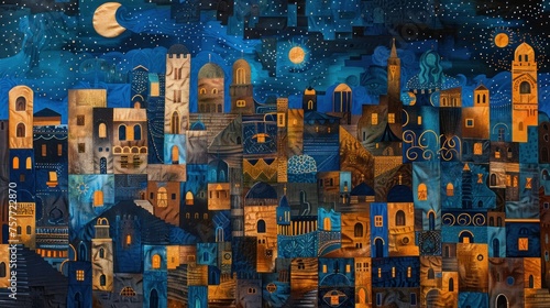 a painting of a city at night, in the style of whimsical folk art illustrations, dark azure and dark amber, recycled material murals, italian 