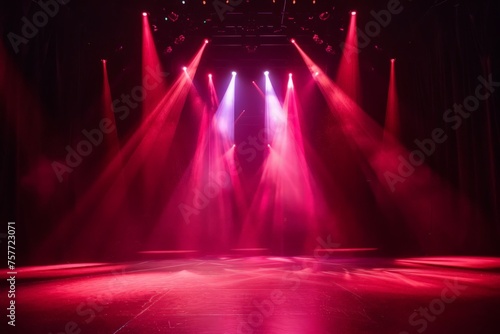 Stage with red and pink lights creating a dramatic atmosphere against a dark backdrop. Ideal for modern dance performances and entertainment shows