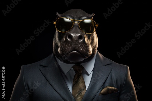 Funny hippopotamus with sunglasses in a suit on a black background.