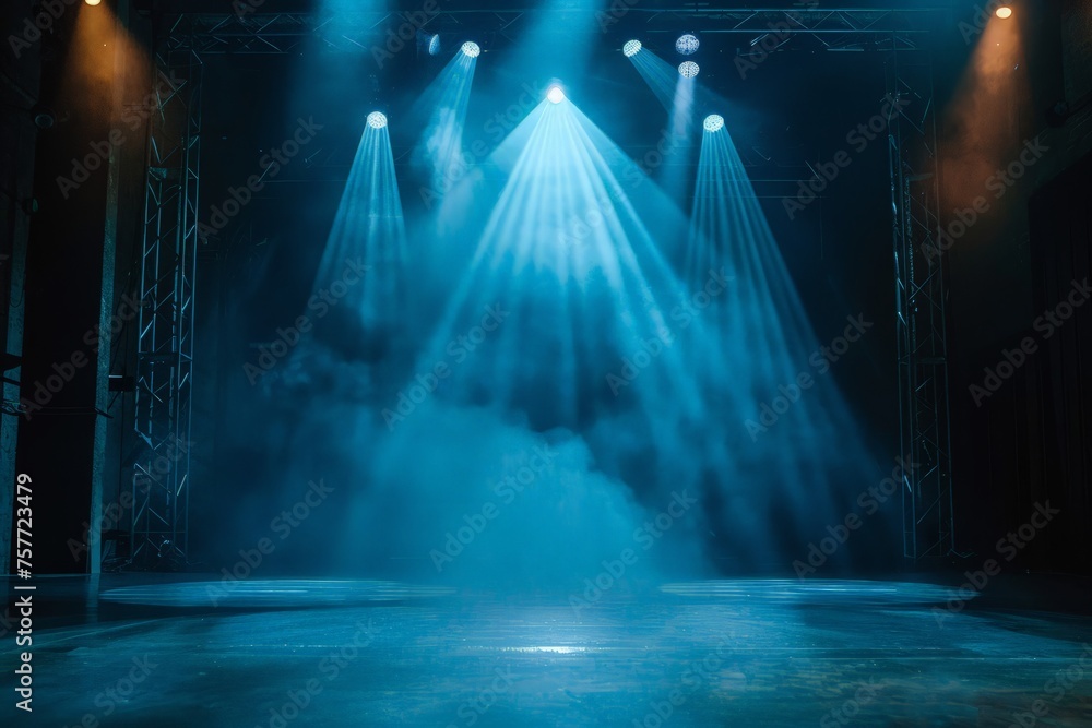A modern dance stage with creative lighting and spotlight illuminated for a production. The stage is empty, ready for an entertainment show