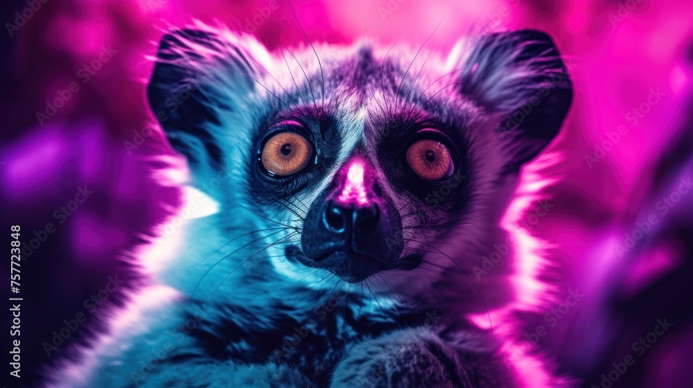 Fantasy vaporwave portrait of retrowave lemur. Pink and blue colors. Fantasy vaporwave portrait of retrowave lemur. Pink and blue colors.