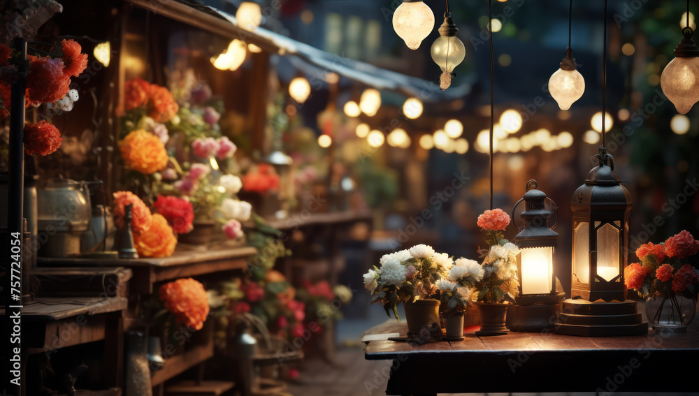 Lamps at night, flower decorations, party decorations, lighting, sipping tea.