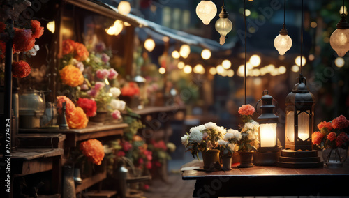 Lamps at night, flower decorations, party decorations, lighting, sipping tea.
