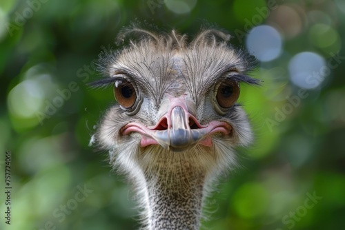 A close view of an ostrichs face with a blurred outdoor background © pham