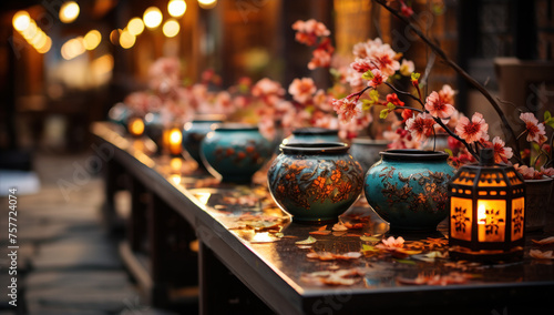 Lamps at night, flower decorations, party decorations, lighting, sipping tea.