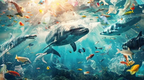 Marine animals eat plastic waste. Demonstrate the impact of garbage on the environment. © venusvi