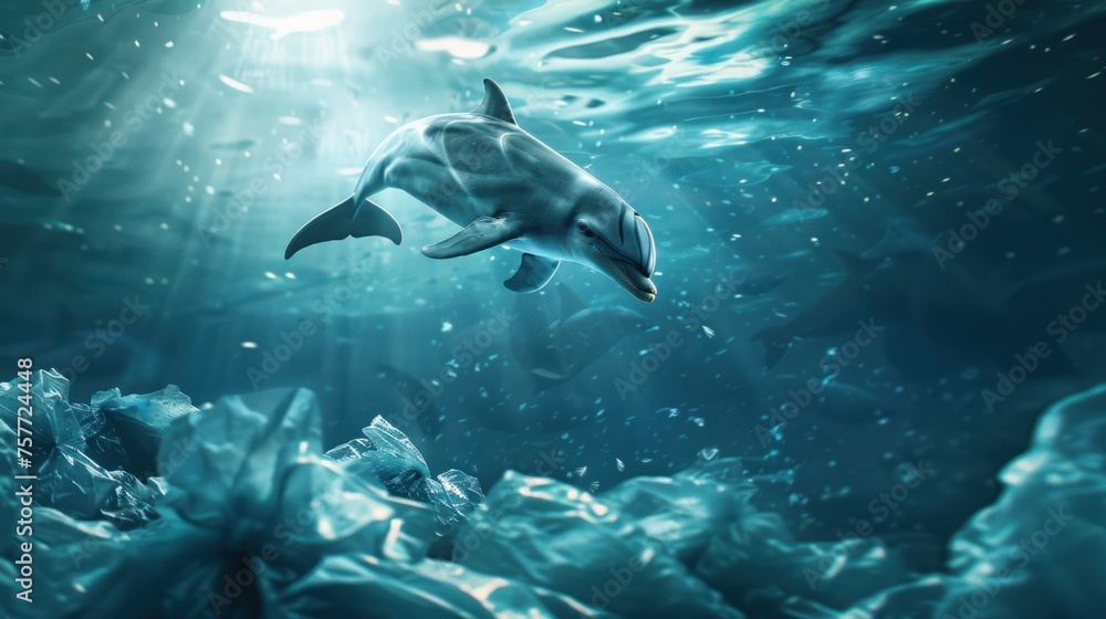 Obraz premium Marine animals eat plastic waste. Demonstrate the impact of garbage on the environment.