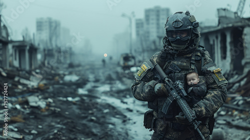 soldier with rifle holding baby apocalyptic city,generative ai