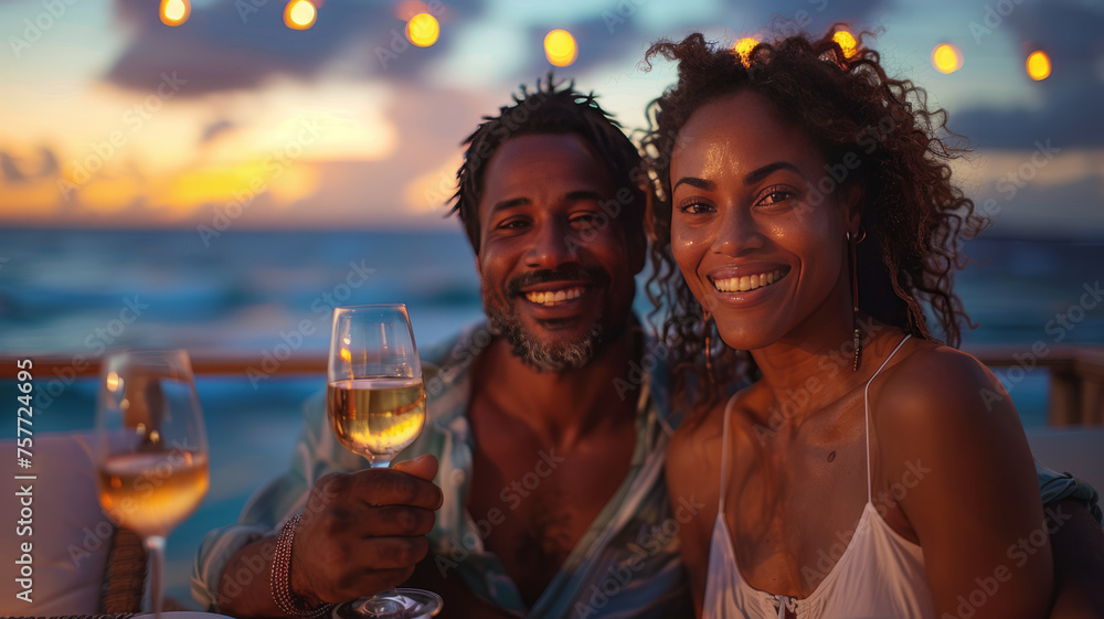 happy smiling couple sitting together and having a romantic evening while toasting a glass of white wine,generative ai happy smiling couple sitting together and having a romantic evening while toasting a glass of white wine,generative ai