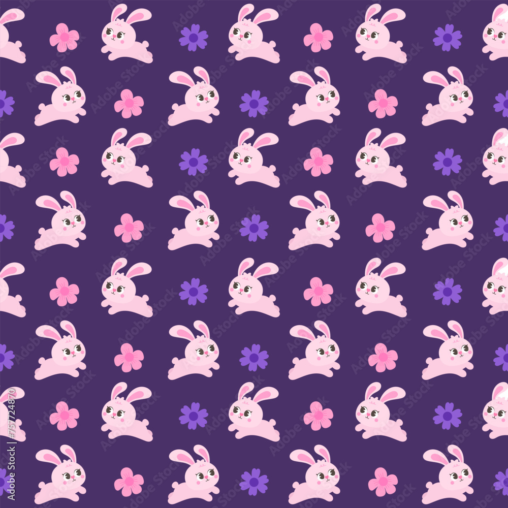 seamless pattern cute feminine hand drawn little bunny hopping in the garden purple background vector illustration