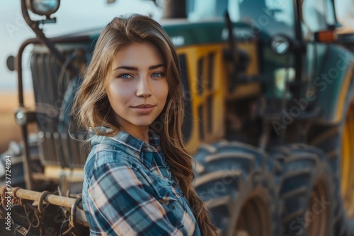 A proud, attractive young female farmer standing confidently in front of a tractor on a farm