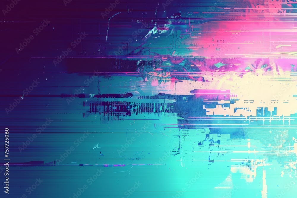 A digital glitch creates a visually striking abstract background featuring intersecting lines in shades of blue and pink
