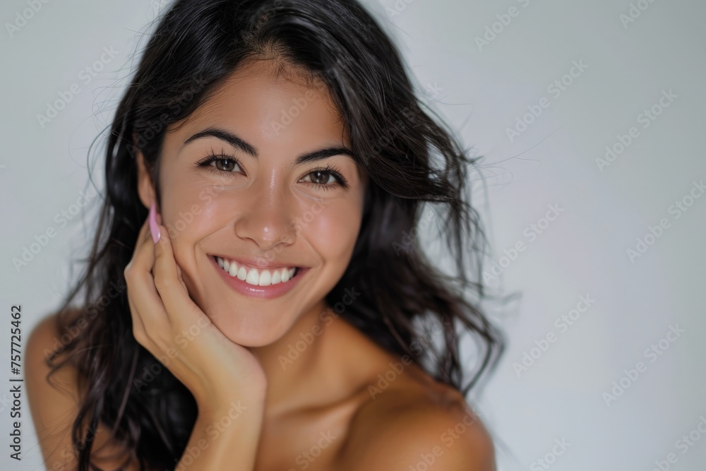 A Hispanic young woman poses happily, smiling for a picture in a studio setting A Hispanic young woman poses happily, smiling for a picture in a studio setting