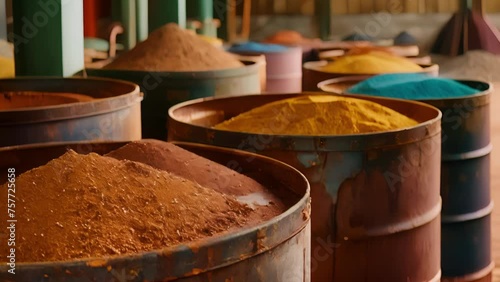 A detailed view of large drums filled with dried groundup mineral ores ready to be processed into pigments highlighting the dependence on various raw materials in the pigment photo