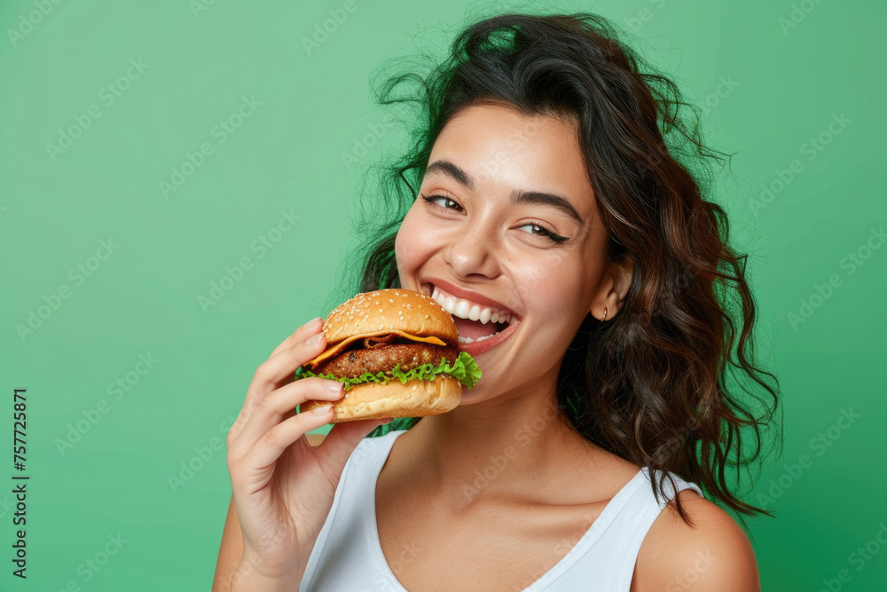 Woman is holding hamburger and smiling Woman is holding hamburger and smiling
