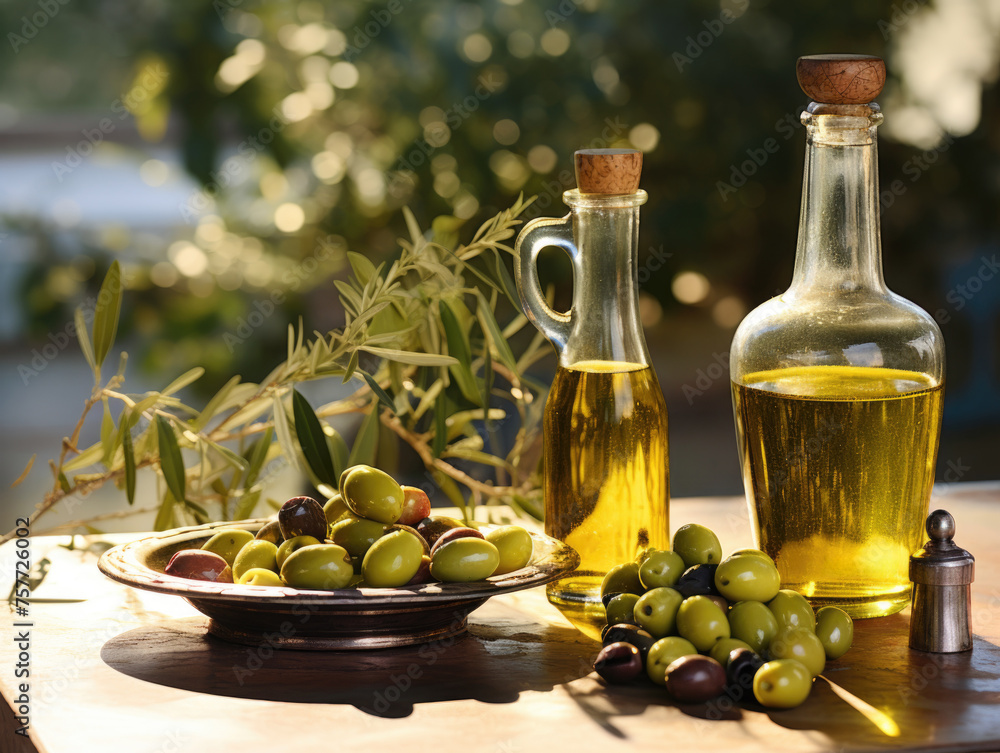 Table with two bottles of olive oil and bowl of olives Table with two bottles of olive oil and bowl of olives