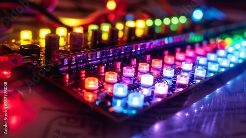 A microcontroller development board with colorful LEDs, illustrating the versatility of electronic prototyping platforms.