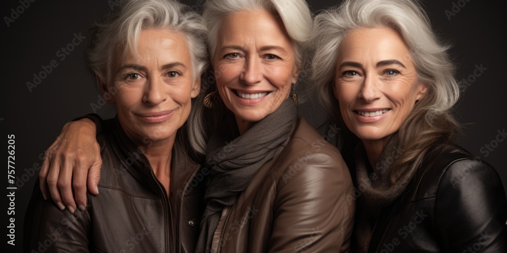 Fototapeta premium Three women are posing for picture, all wearing leather jackets and scarves