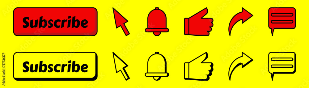 Icon set of Subscribe, Like, Notification Bell, Like, Share and Comment Buttons. editable vector. Design for Vlog assets, Apps and Posters.