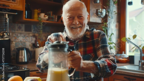 Man in plaid shirt is smiling while holding blender