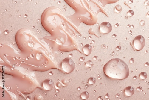 Close up of pink liquid with droplets of water on top of it
