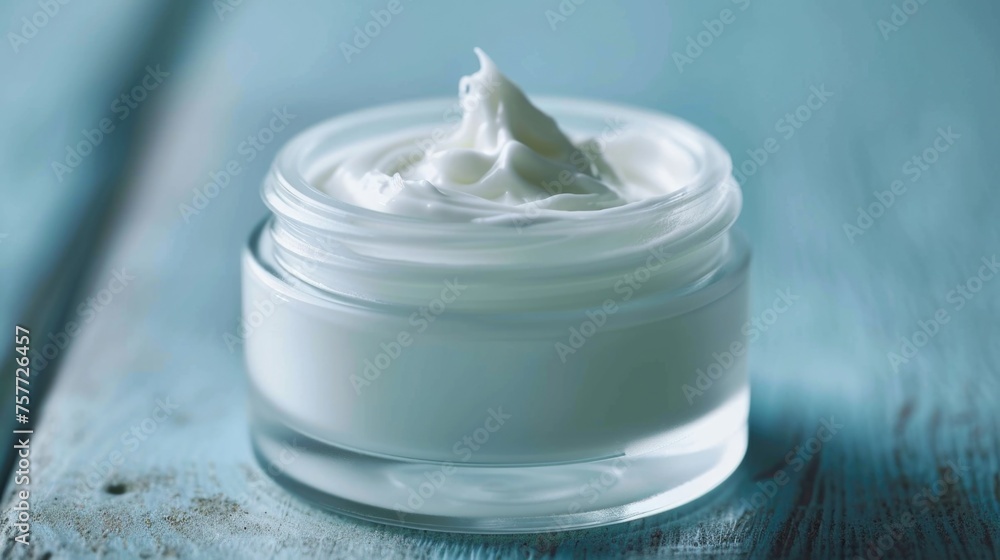 Jar of white cream sits on wooden table Jar of white cream sits on wooden table