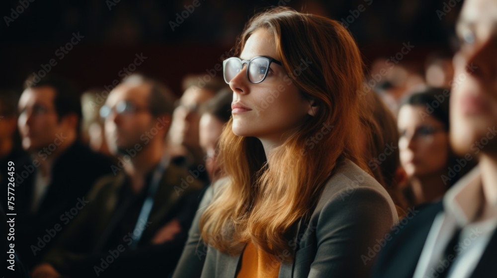 Woman in suit and glasses is sitting in crowd of people