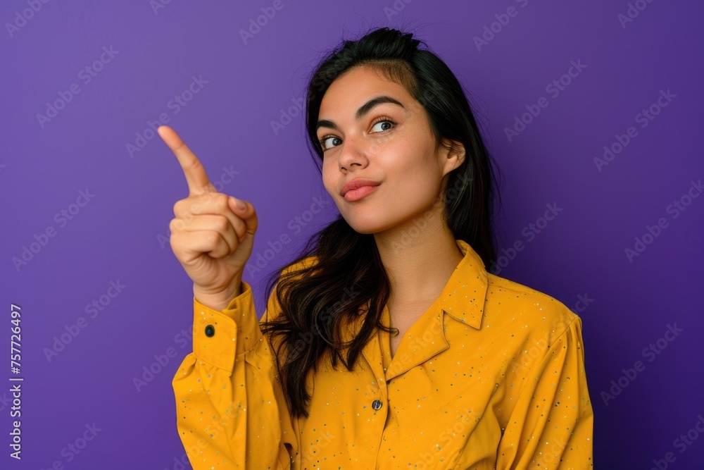 Woman in yellow shirt points to camera Woman in yellow shirt points to camera