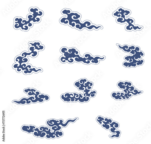 Blue brush stroke texture with Japanese chinses cloud pattern in vintage style. Abstract art elementr design with icon and symbol vector. photo