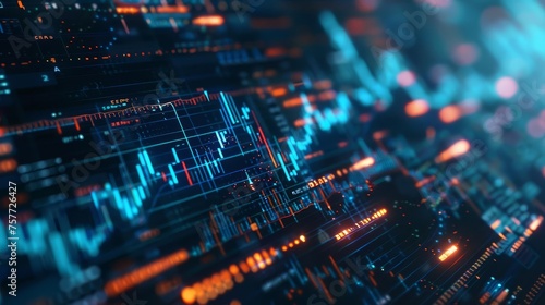 Abstract futuristic digital financial chart with glowing graphs and indicators, symbolizing stock market growth, business investing, and data analysis in a high-tech world