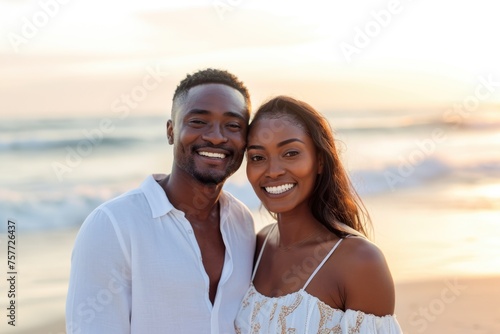 Man and woman are smiling at camera on beach