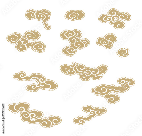 Gold and brown brush stroke texture with Japanese chinses cloud pattern in vintage style. Abstract art elementr design with icon and symbol vector. photo