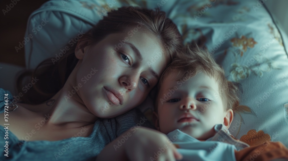 Woman and baby are laying on bed Woman and baby are laying on bed