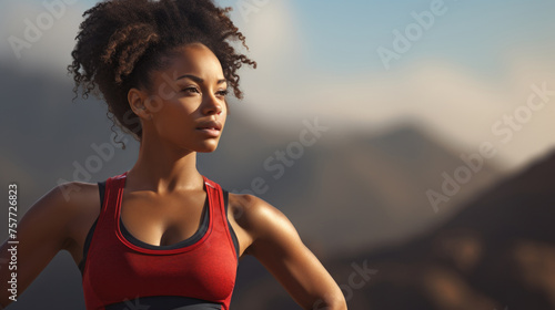 Woman in red tank top is standing on mountain