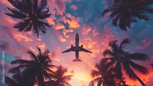 Airplane soars above tropical palm trees against a breathtaking sunset sky, evoking the joy of travel and vacation © Bijac