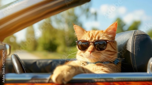 Amusing red cat wearing sunglasses while driving a convertible car on a sunny day