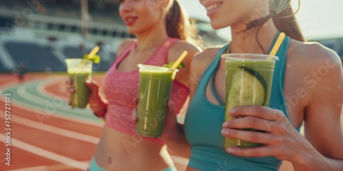 Two women are holding cups of green juice on track