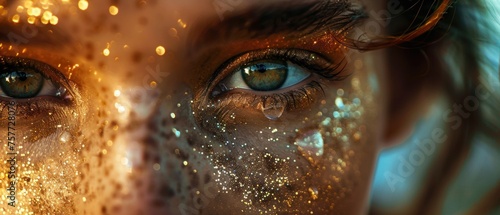 Close-up of a woman face, water droplets and golden glitter on her skin, capturing the sparkle and texture in detail