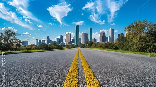 Empty asphalt road stretches towards a distant city skyline, symbolizing the journey of life and the pursuit of dreams