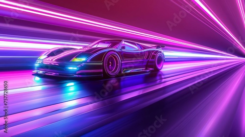 Futuristic neon car driving through the night, evoking a synthwave aesthetic with purple hues