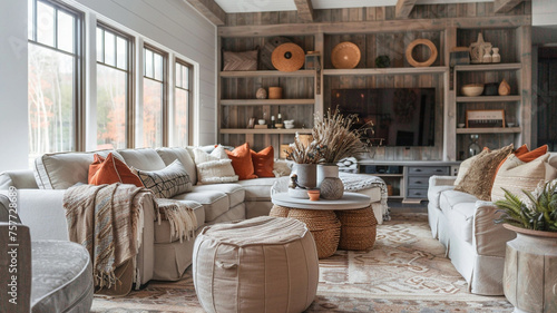 Designing a cozy living room with warm earthy tones and rustic accents.