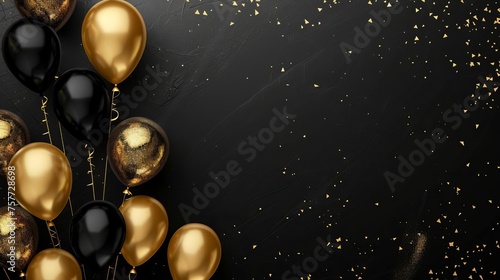 Glamorous gold and black frame with shimmering balloons on elegant black background for celebrations